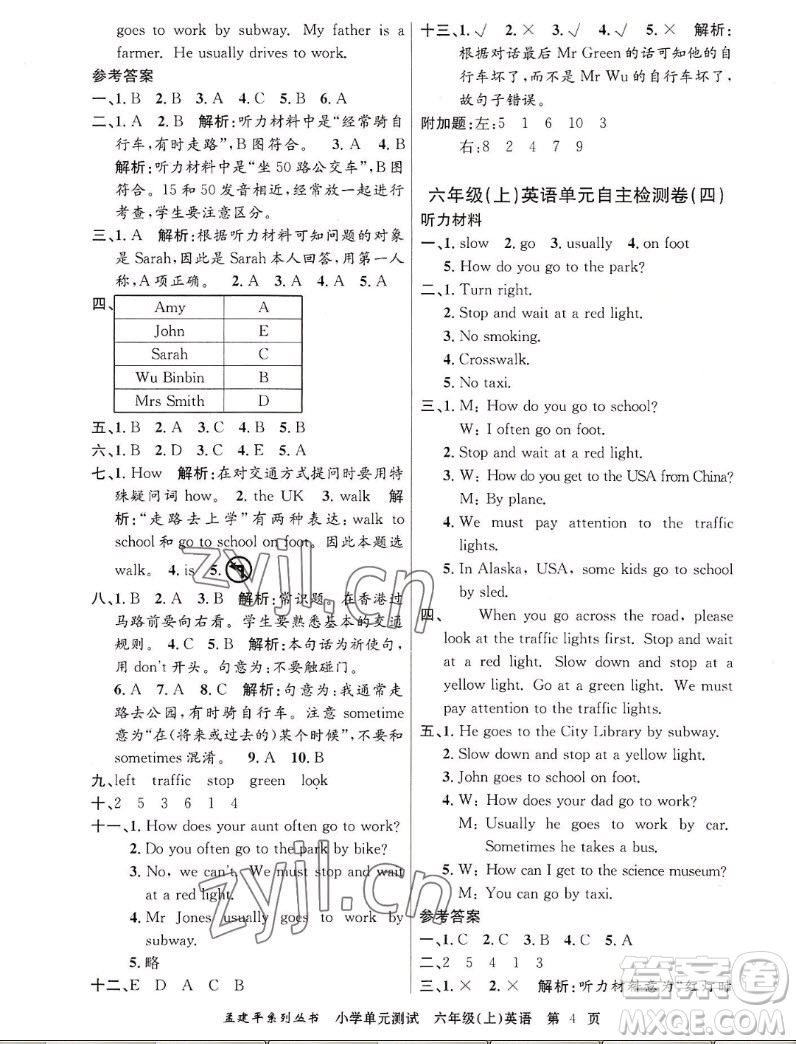 浙江工商大學(xué)出版社2022孟建平小學(xué)單元測(cè)試英語六年級(jí)上人教版答案