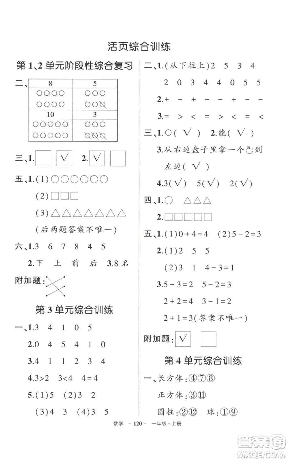 武漢出版社2022秋季狀元成才路創(chuàng)優(yōu)作業(yè)100分一年級上冊數(shù)學人教版貴州專版參考答案