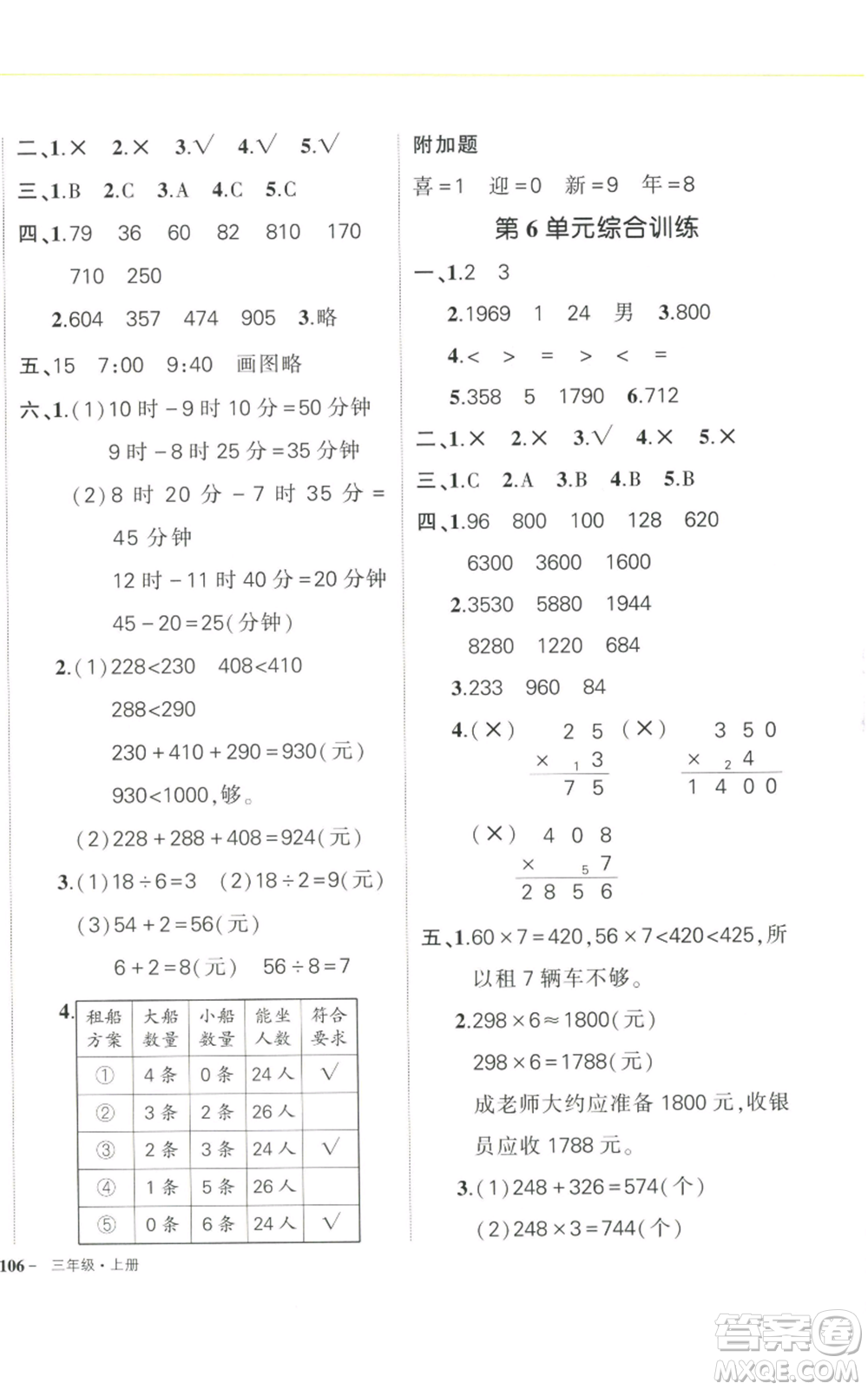 武漢出版社2022秋季狀元成才路創(chuàng)優(yōu)作業(yè)100分三年級上冊數(shù)學(xué)人教版浙江專版參考答案