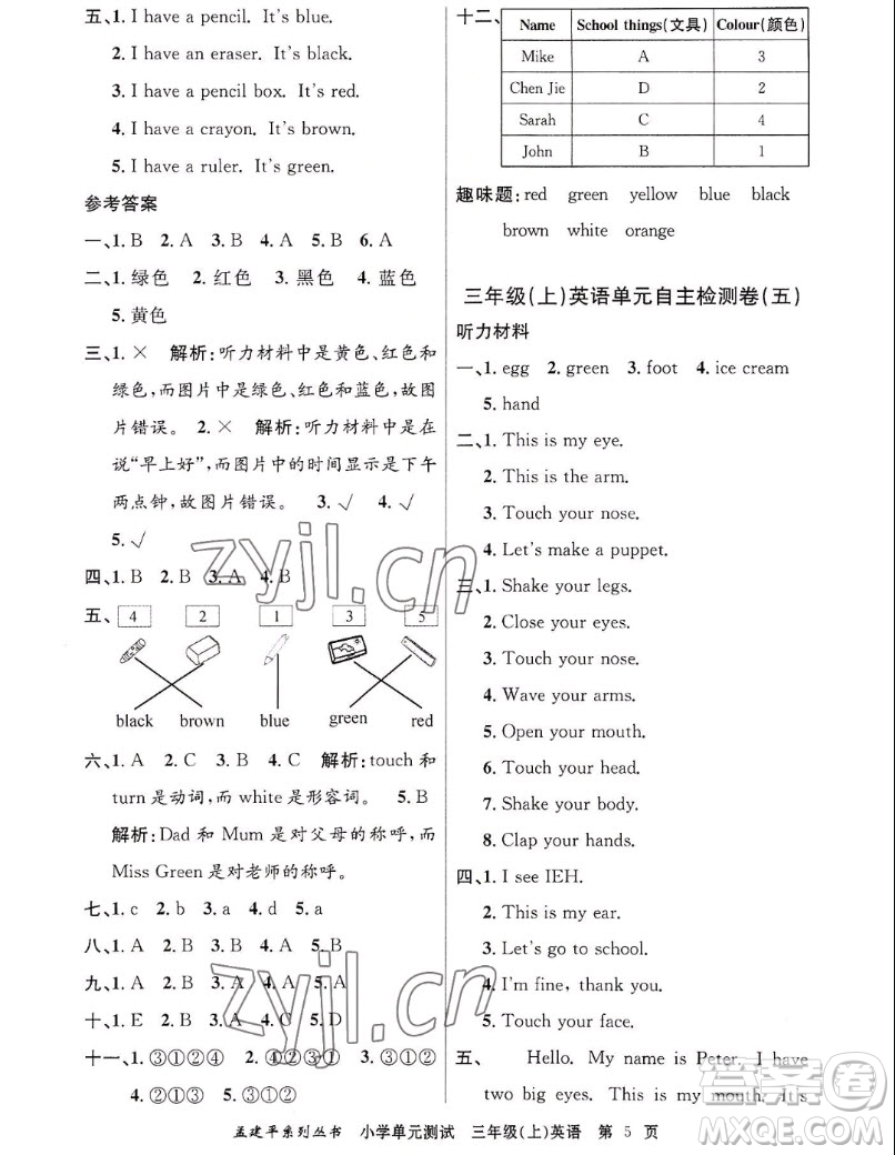 浙江工商大學(xué)出版社2022孟建平小學(xué)單元測(cè)試英語(yǔ)三年級(jí)上人教版答案