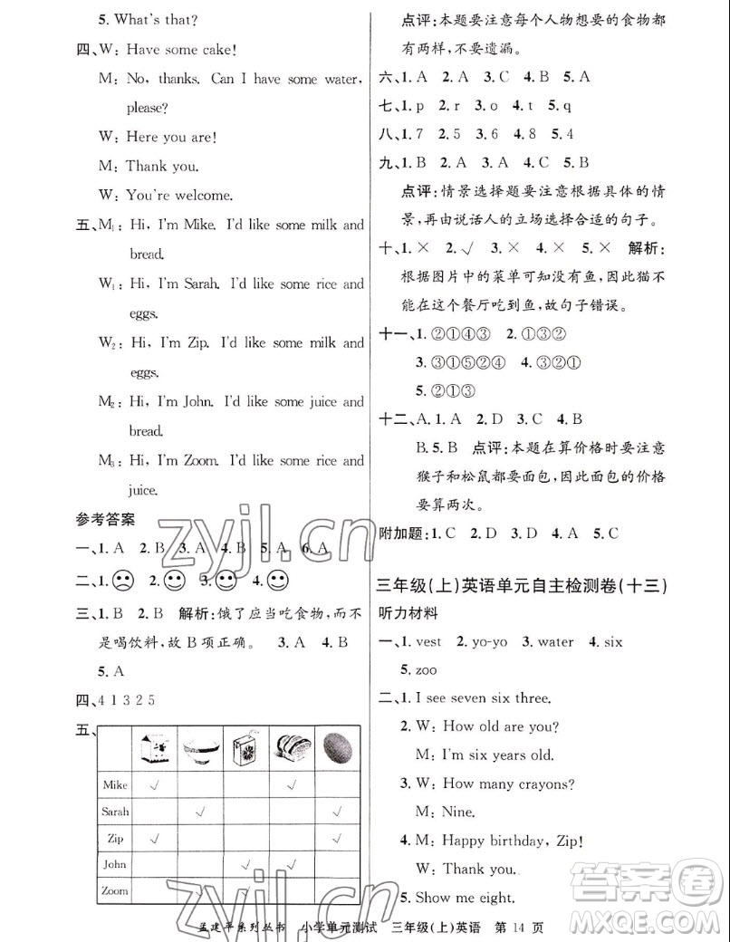 浙江工商大學(xué)出版社2022孟建平小學(xué)單元測(cè)試英語(yǔ)三年級(jí)上人教版答案