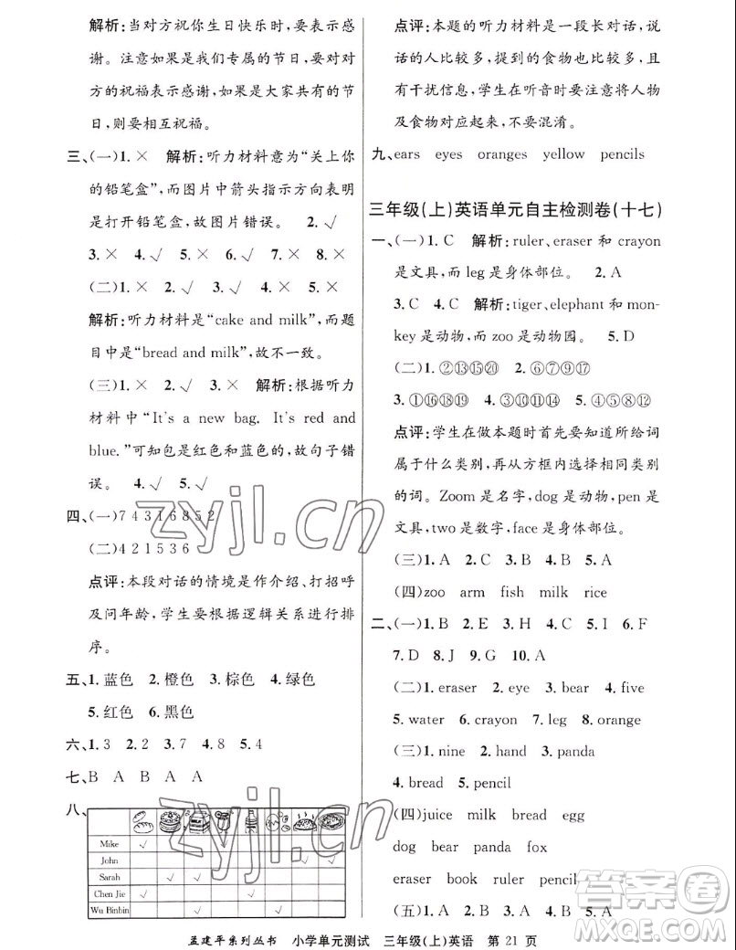 浙江工商大學(xué)出版社2022孟建平小學(xué)單元測(cè)試英語(yǔ)三年級(jí)上人教版答案