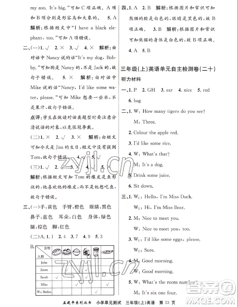 浙江工商大學(xué)出版社2022孟建平小學(xué)單元測(cè)試英語(yǔ)三年級(jí)上人教版答案