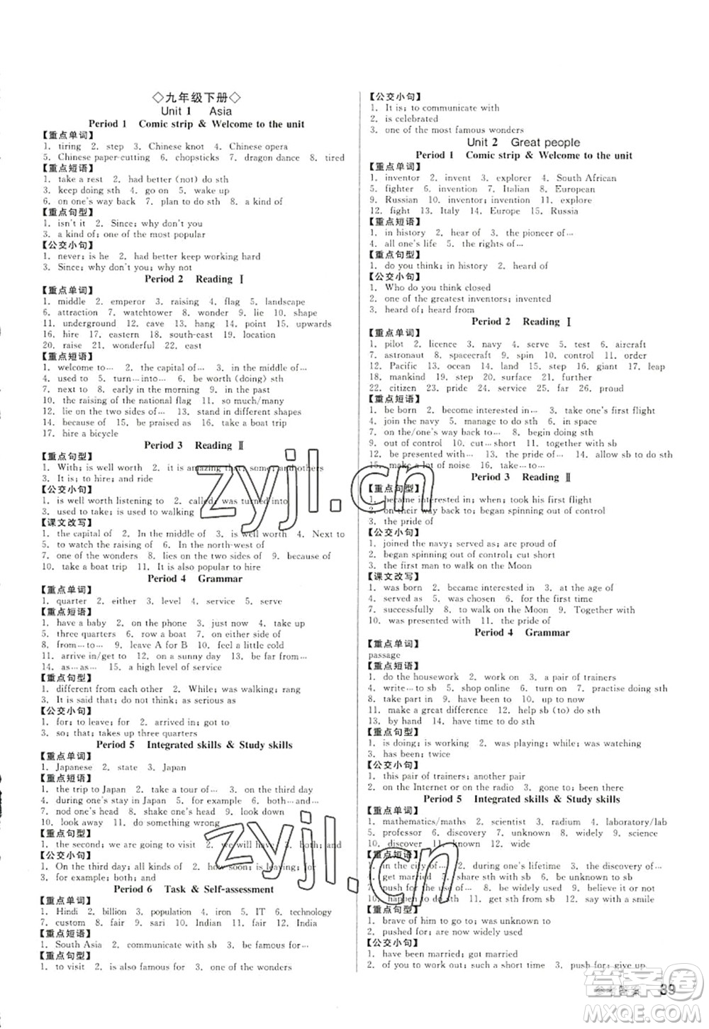 陽(yáng)光出版社2022全品學(xué)練考九年級(jí)英語(yǔ)全一冊(cè)YLNJ譯林牛津版徐州專版答案