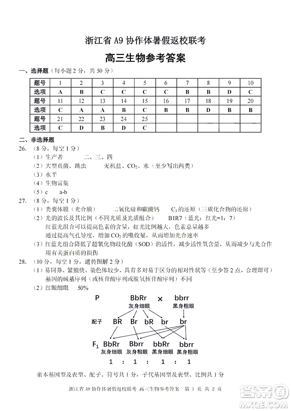 2023屆浙江省A9協(xié)作體暑假返校聯(lián)考高三生物答案