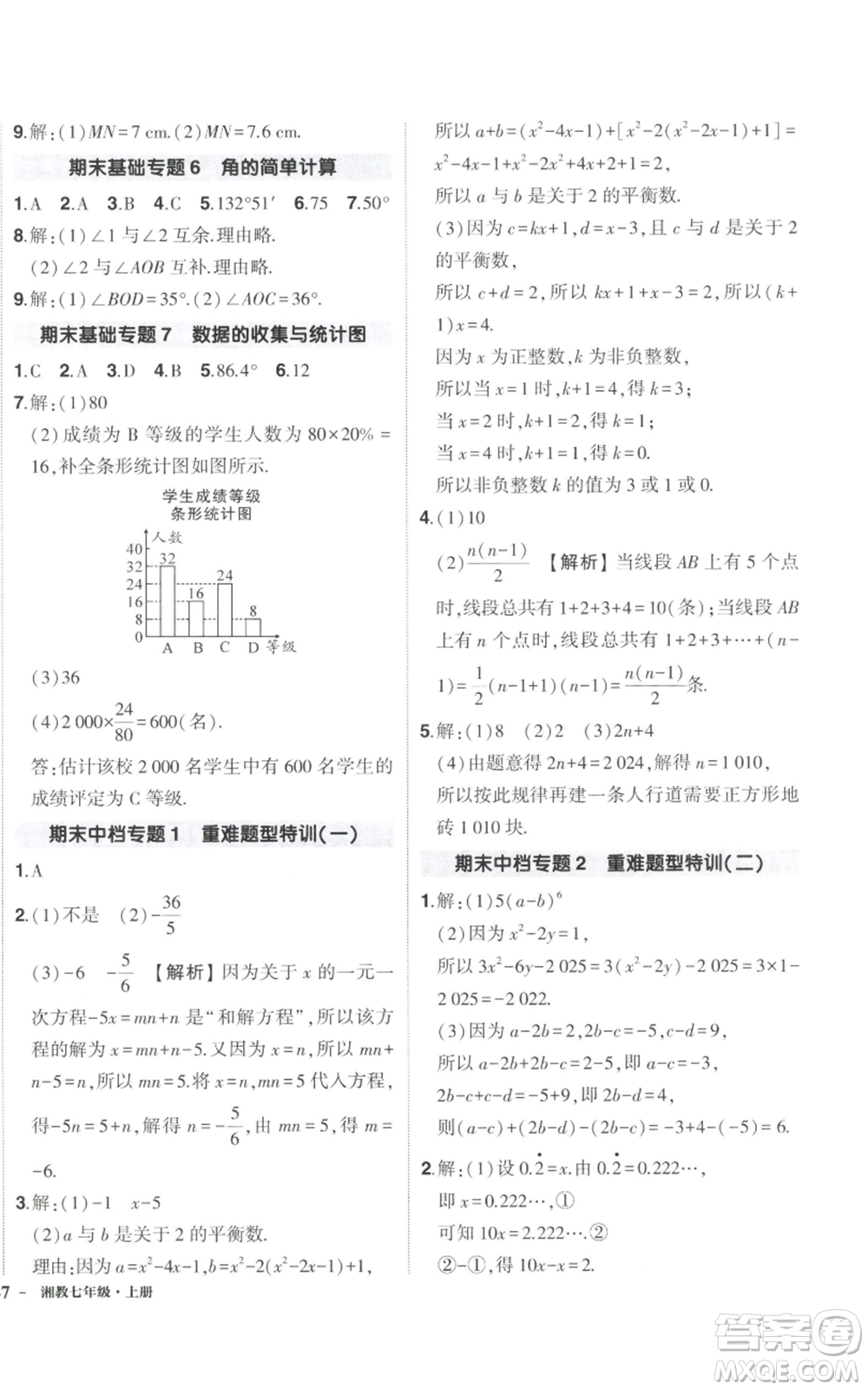 吉林教育出版社2022秋季狀元成才路創(chuàng)優(yōu)作業(yè)七年級上冊數(shù)學(xué)湘教版參考答案