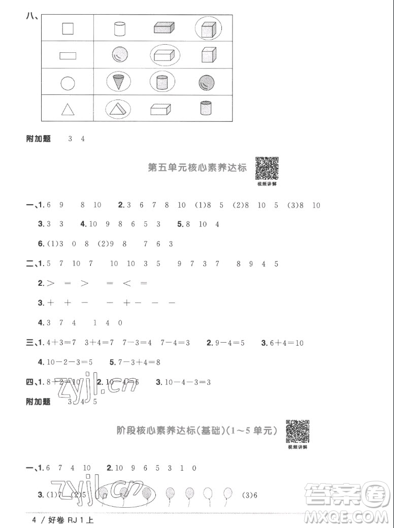 江西教育出版社2022陽光同學(xué)一線名師全優(yōu)好卷數(shù)學(xué)一年級(jí)上冊(cè)人教版答案