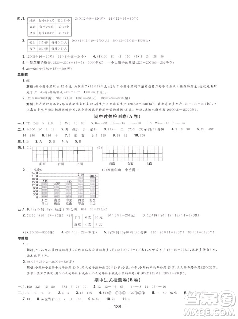 江西教育出版社2022陽光同學一線名師全優(yōu)好卷數(shù)學四年級上冊蘇教版答案