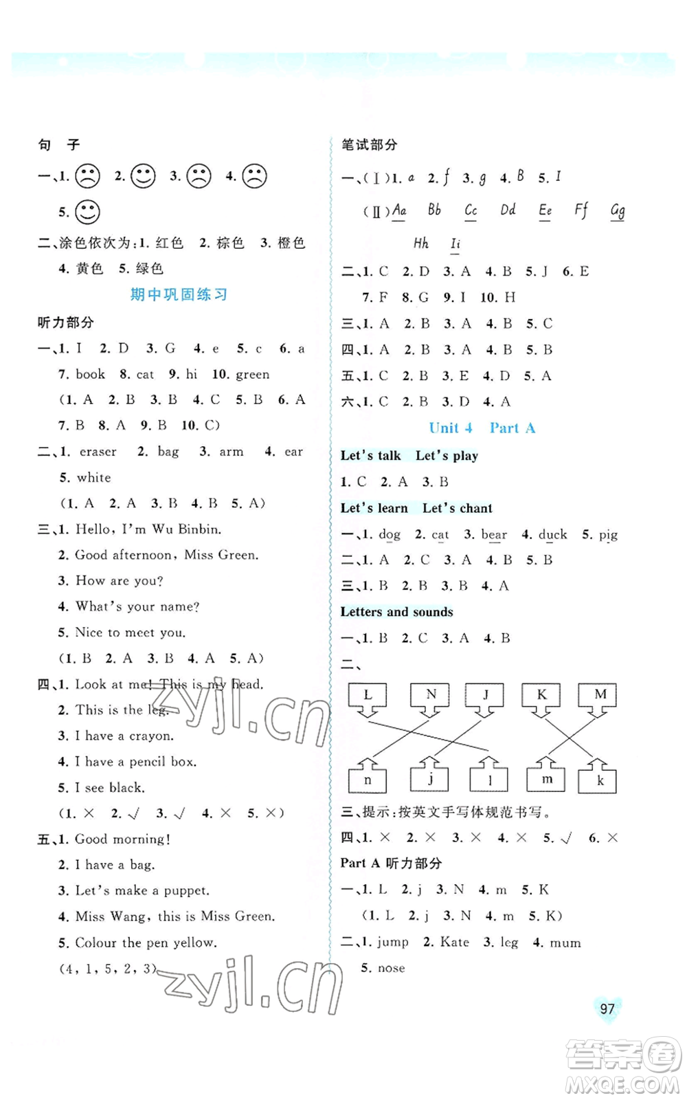 廣西教育出版社2022秋季新課程學(xué)習(xí)與測評同步學(xué)習(xí)三年級上冊英語人教版參考答案