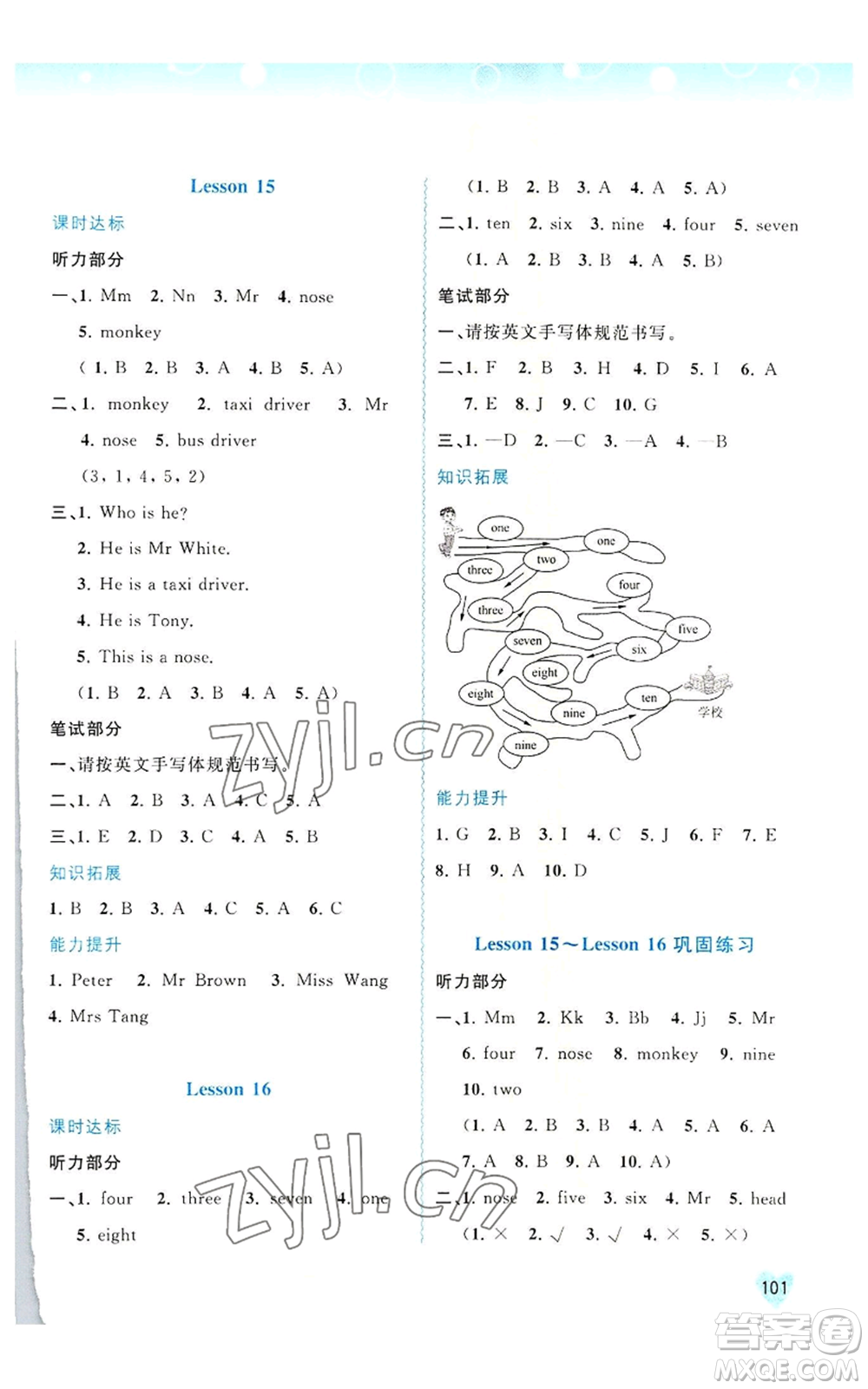 廣西教育出版社2022秋季新課程學(xué)習(xí)與測評同步學(xué)習(xí)三年級上冊英語接力版參考答案