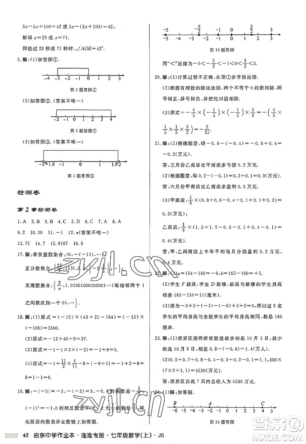 龍門書局2022啟東中學(xué)作業(yè)本七年級(jí)數(shù)學(xué)上冊(cè)JS江蘇版連淮專版答案