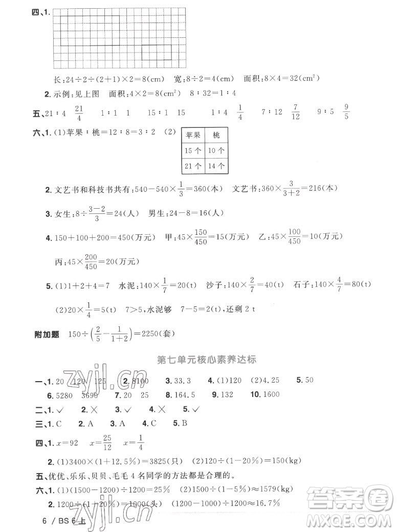 江西教育出版社2022陽(yáng)光同學(xué)一線名師全優(yōu)好卷數(shù)學(xué)六年級(jí)上冊(cè)北師版答案