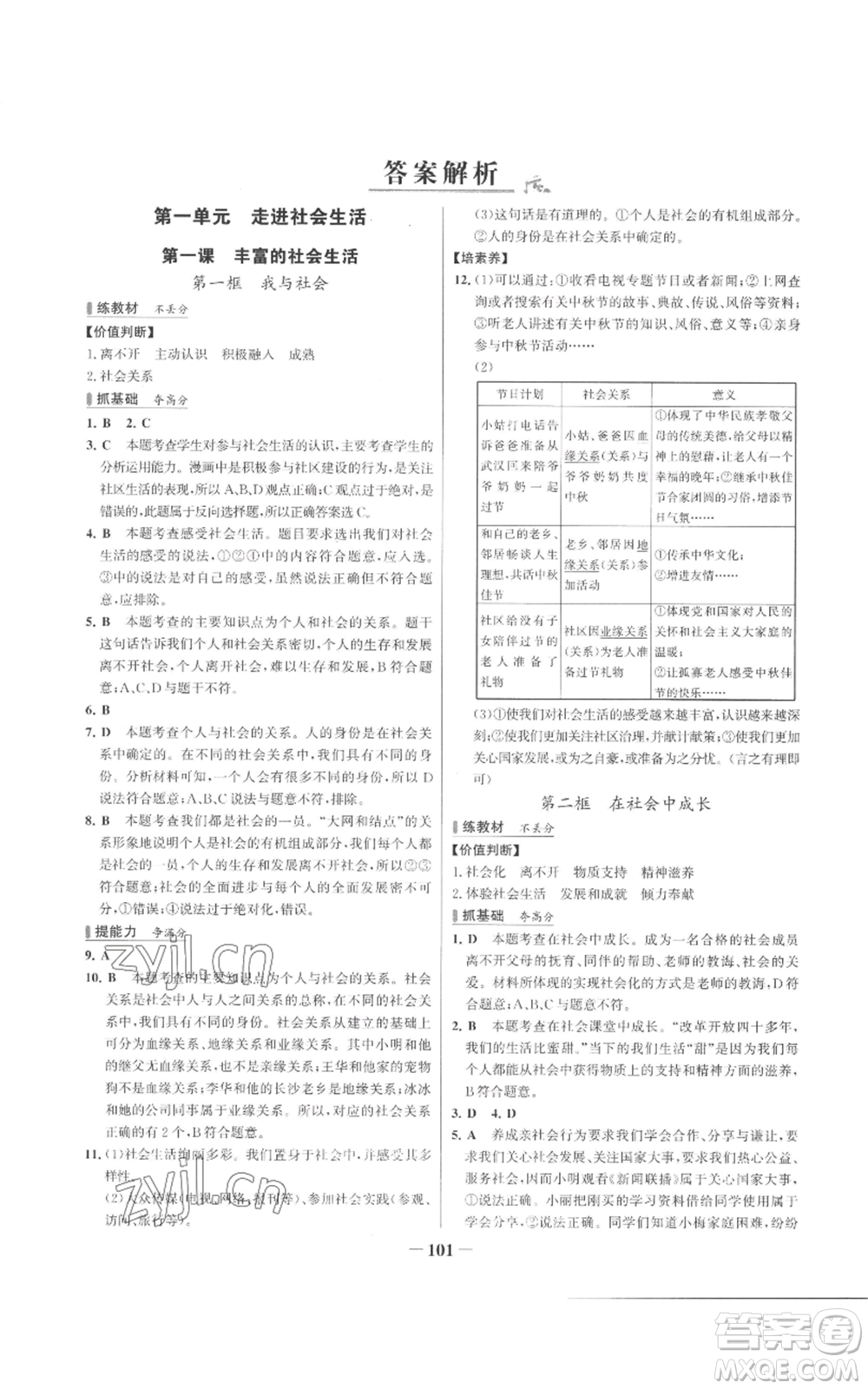 延邊大學(xué)出版社2022秋季世紀(jì)金榜初中百練百勝八年級上冊道德與法治人教版參考答案