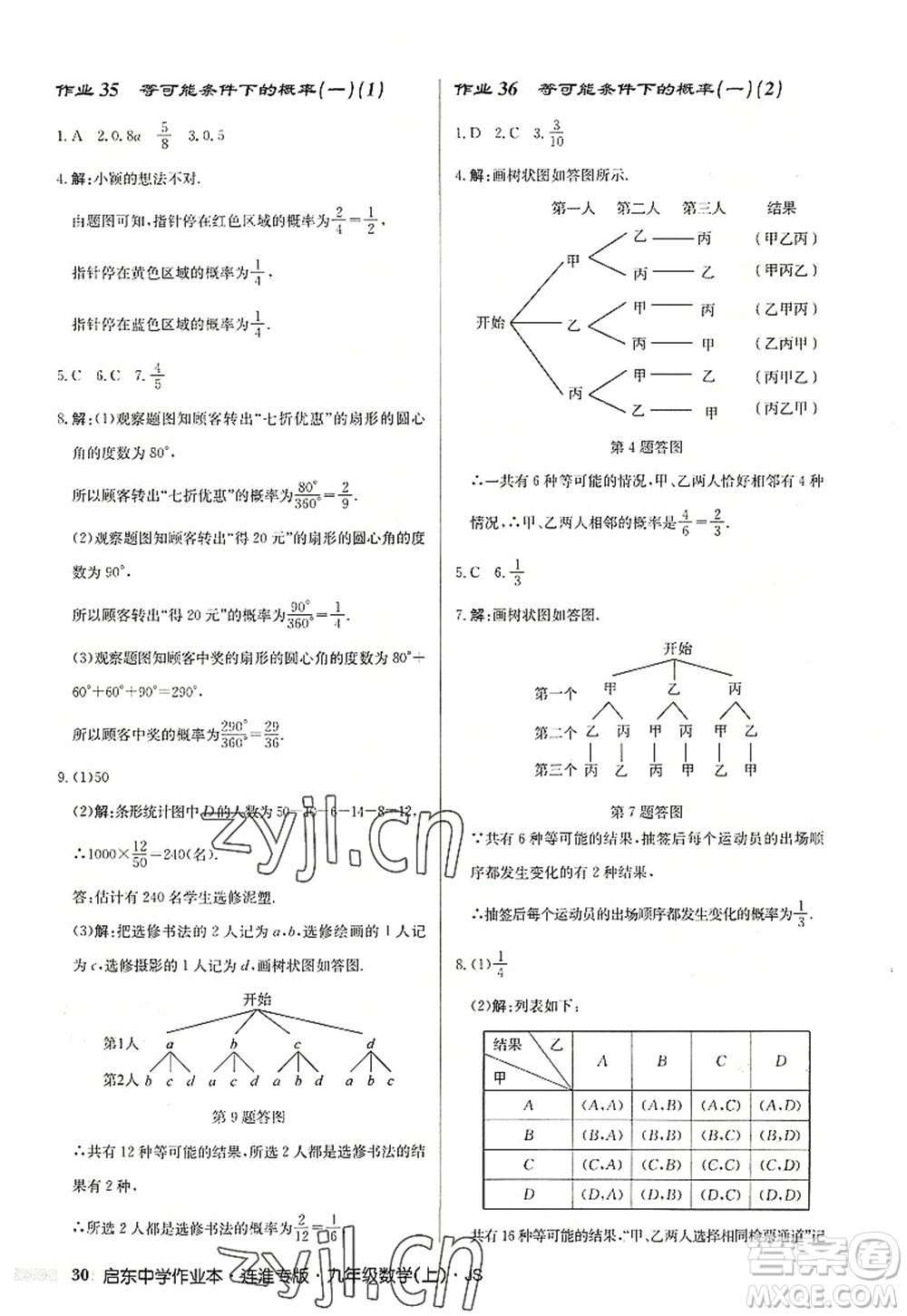 龍門書局2022啟東中學(xué)作業(yè)本九年級數(shù)學(xué)上冊JS江蘇版連淮專版答案