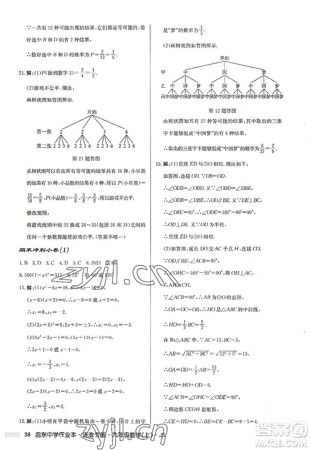 龍門書局2022啟東中學(xué)作業(yè)本九年級數(shù)學(xué)上冊JS江蘇版連淮專版答案