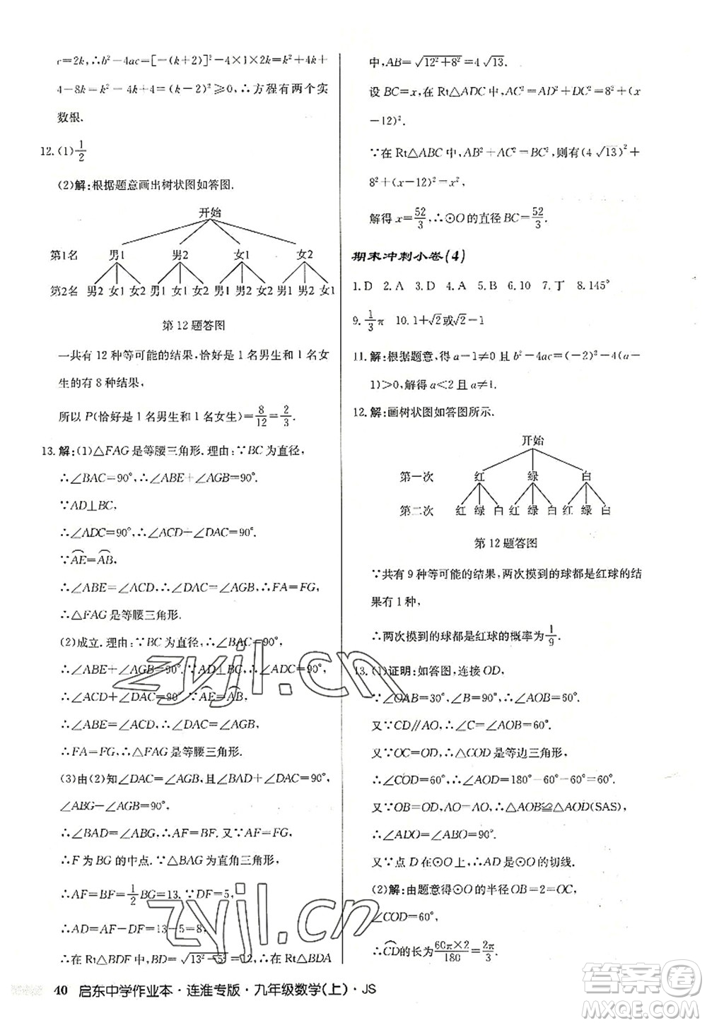 龍門書局2022啟東中學(xué)作業(yè)本九年級數(shù)學(xué)上冊JS江蘇版連淮專版答案