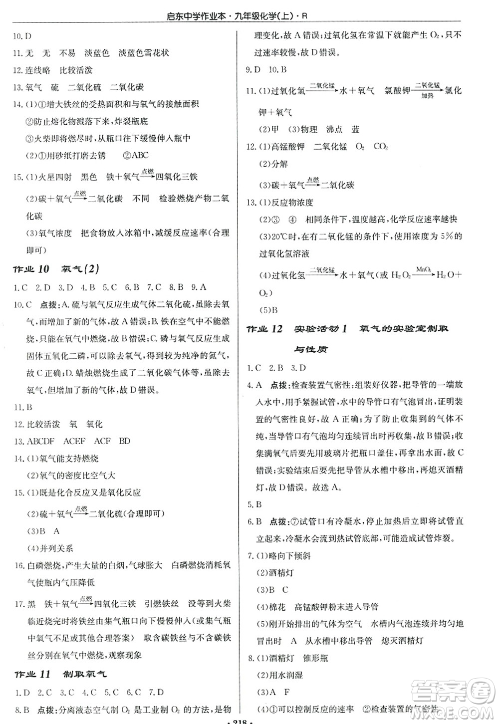 龍門書局2022啟東中學(xué)作業(yè)本九年級化學(xué)上冊R人教版答案