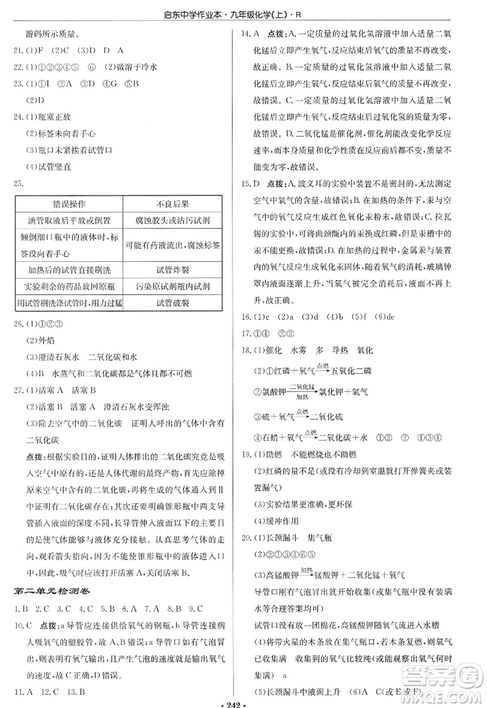 龍門書局2022啟東中學(xué)作業(yè)本九年級化學(xué)上冊R人教版答案