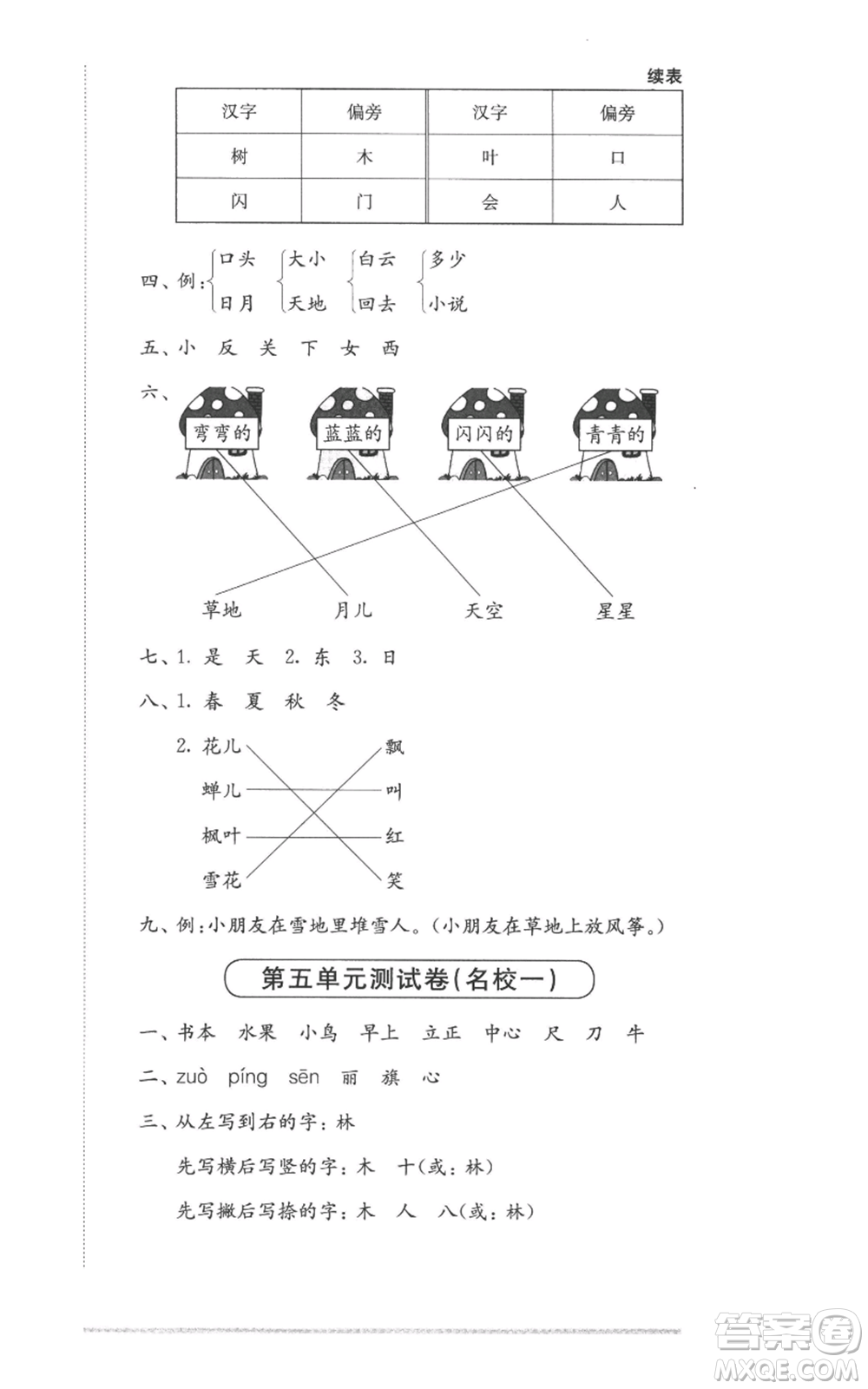 華東師范大學(xué)出版社2022上海名校名卷一年級上冊語文人教版參考答案