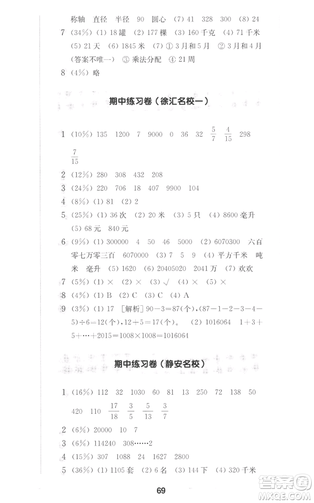 華東師范大學(xué)出版社2022上海名校名卷四年級(jí)上冊(cè)數(shù)學(xué)滬教版參考答案