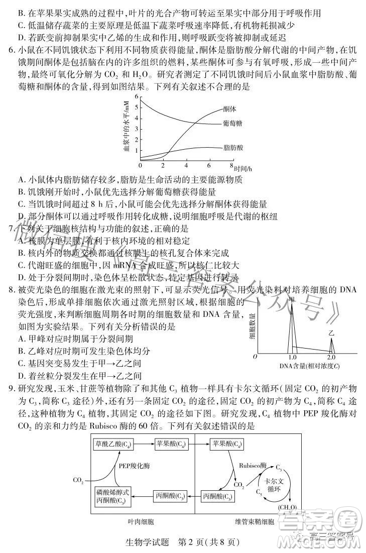 天一大聯(lián)考2022-2023學年上安徽卓越縣中聯(lián)盟高三年級開學考生物學試題及答案