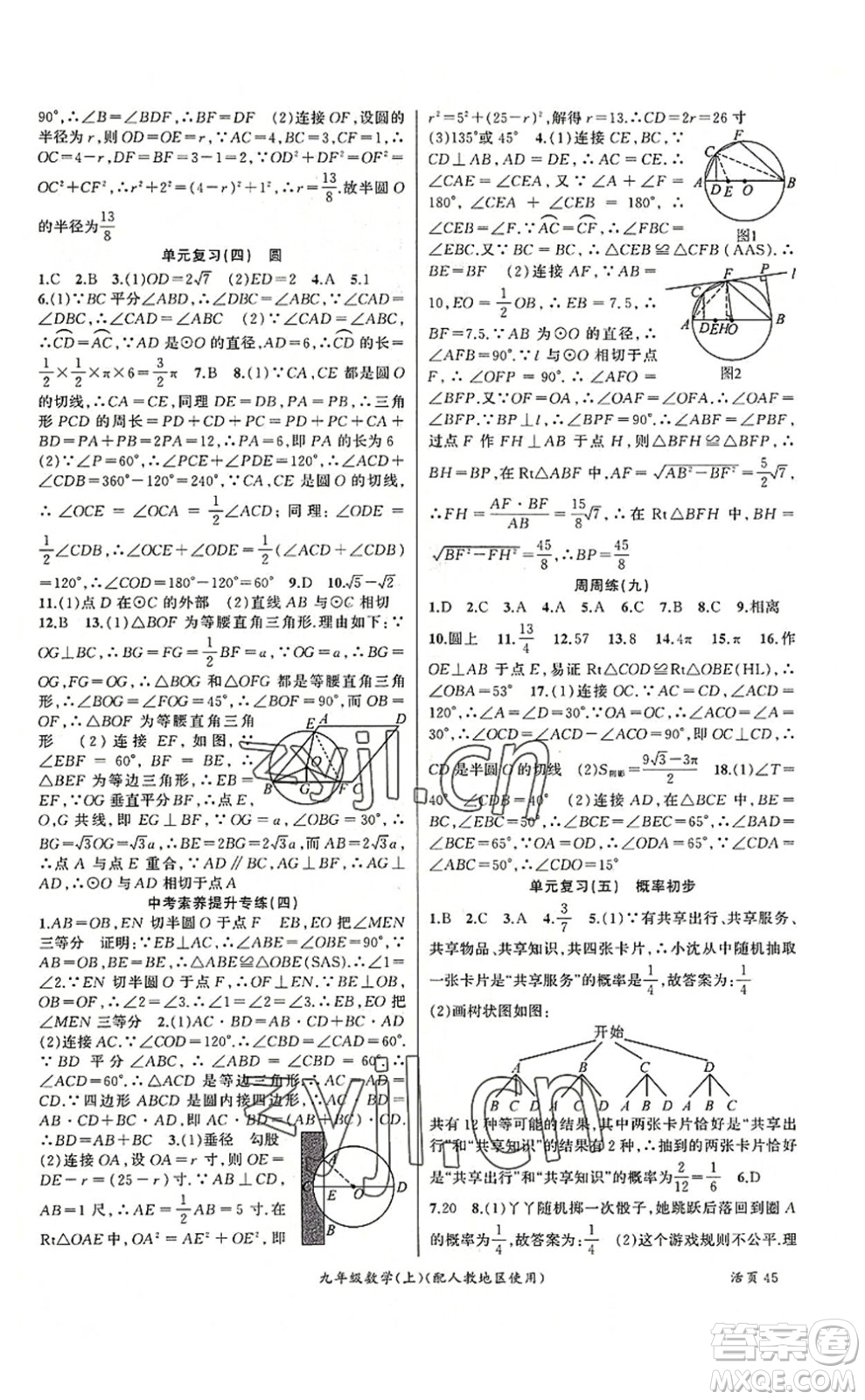 新疆青少年出版社2022原創(chuàng)新課堂九年級數(shù)學上冊人教版答案