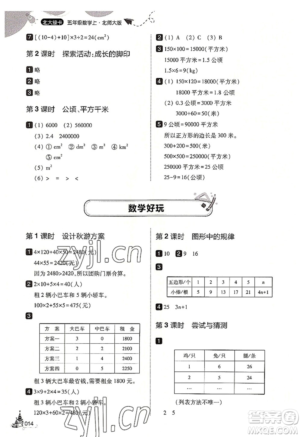 東北師范大學(xué)出版社2022北大綠卡五年級(jí)數(shù)學(xué)上冊(cè)北師大版答案