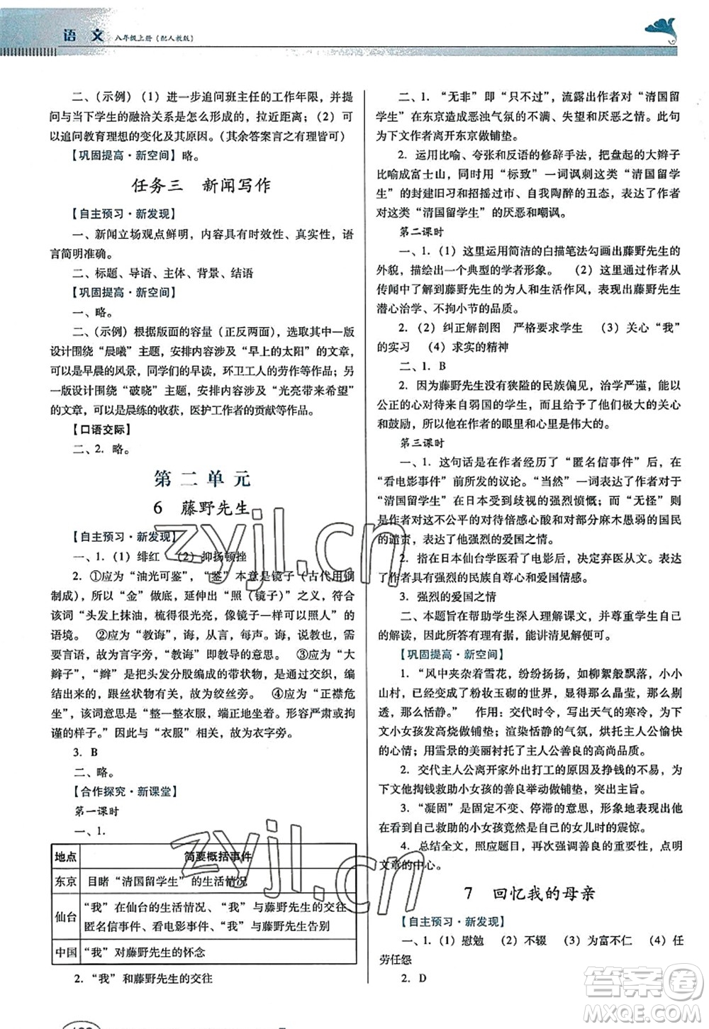 廣東教育出版社2022南方新課堂金牌學案八年級語文上冊人教版答案