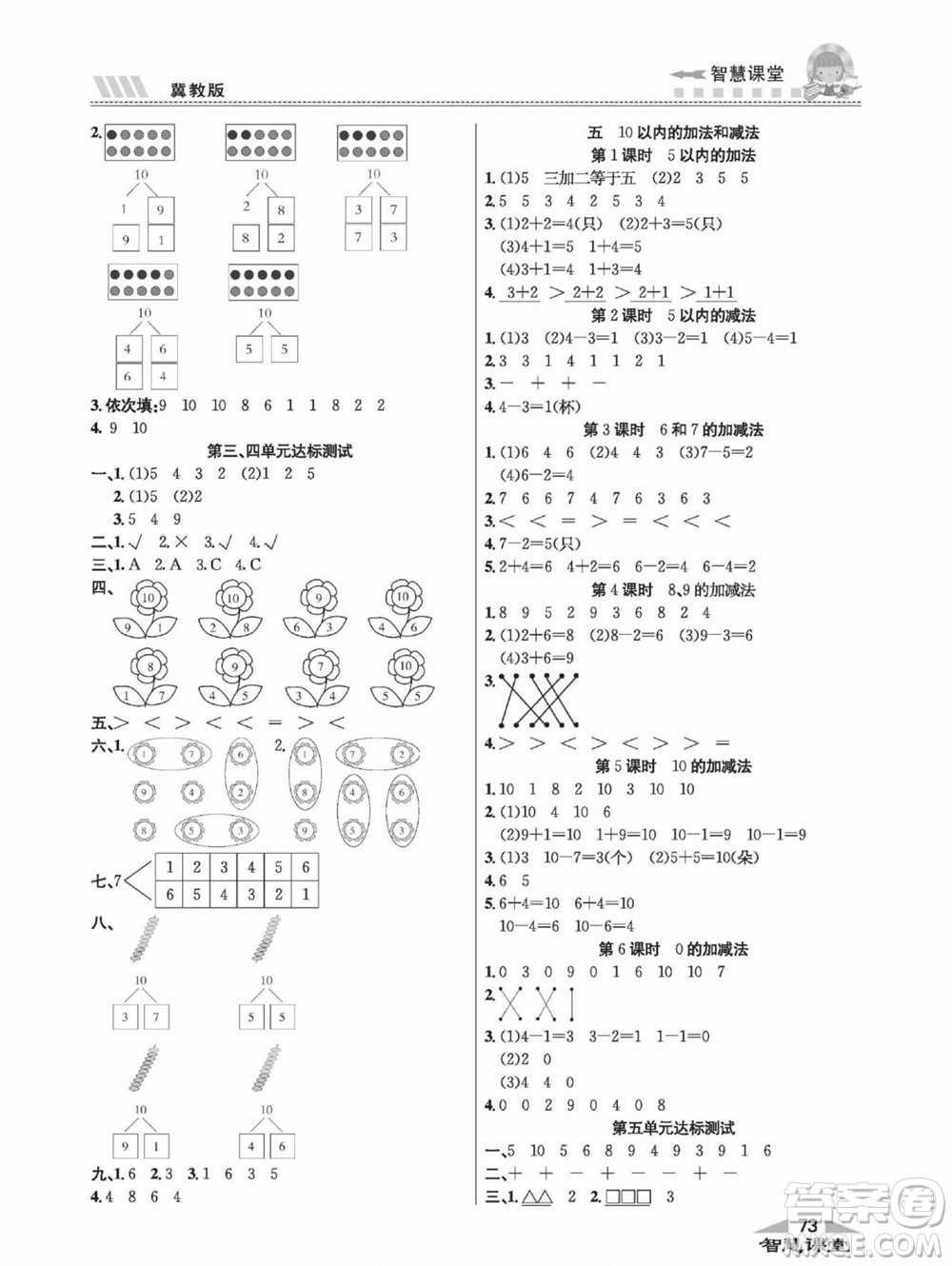 云南科技出版社2022秋智慧課堂同步講練測數(shù)學(xué)一年級上冊JJ冀教版答案