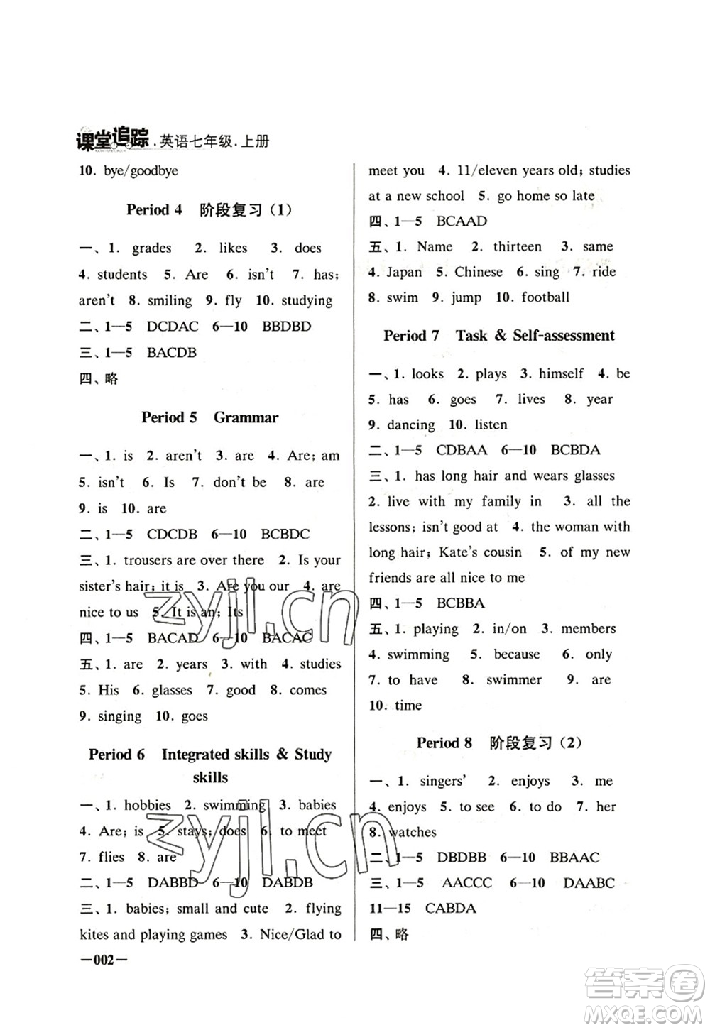 江蘇鳳凰美術出版社2022課堂追蹤七年級英語上冊譯林版答案