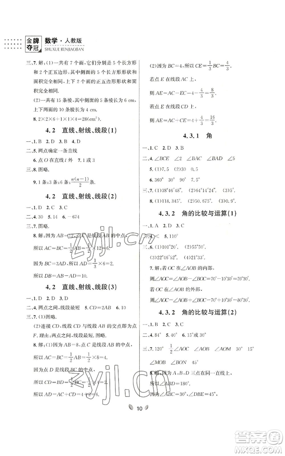 延邊大學(xué)出版社2022點(diǎn)石成金金牌奪冠七年級上冊數(shù)學(xué)人教版參考答案