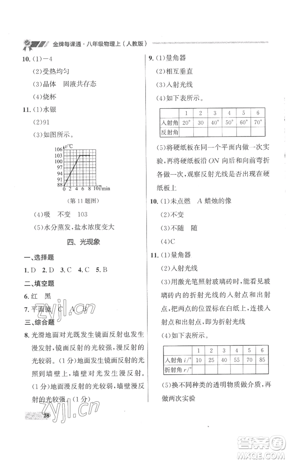 延邊大學(xué)出版社2022秋季點(diǎn)石成金金牌每課通八年級(jí)上冊(cè)物理人教版參考答案