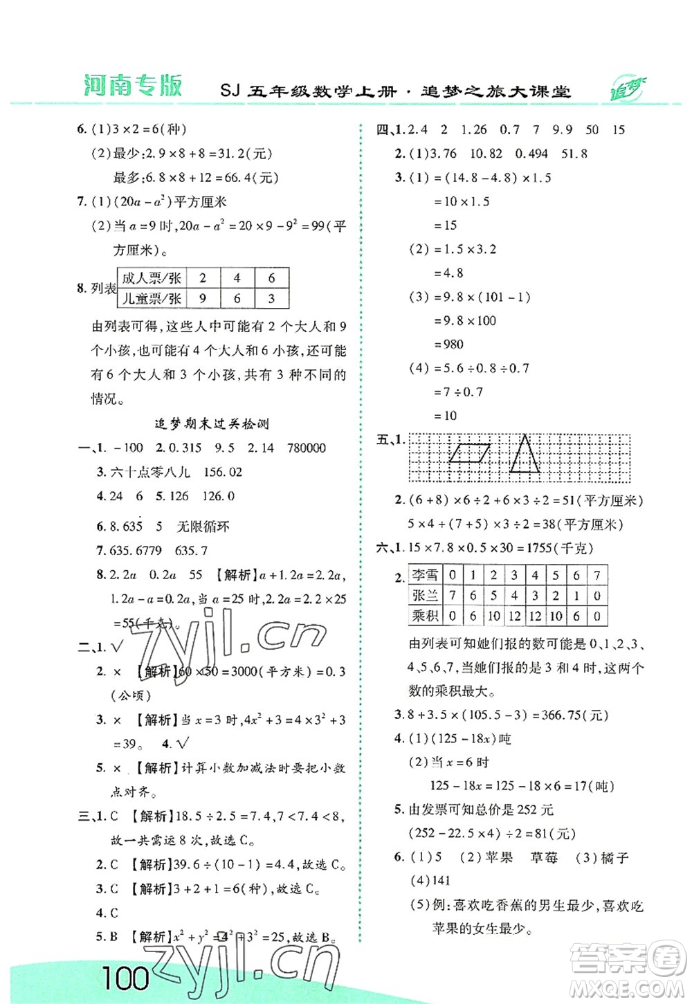 天津科學(xué)技術(shù)出版社2022追夢(mèng)之旅大課堂五年級(jí)數(shù)學(xué)上冊(cè)SJ蘇教版河南專版答案