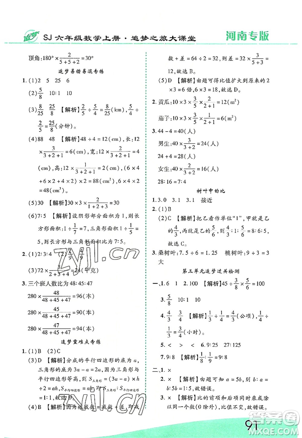 天津科學(xué)技術(shù)出版社2022追夢之旅大課堂六年級數(shù)學(xué)上冊SJ蘇教版河南專版答案