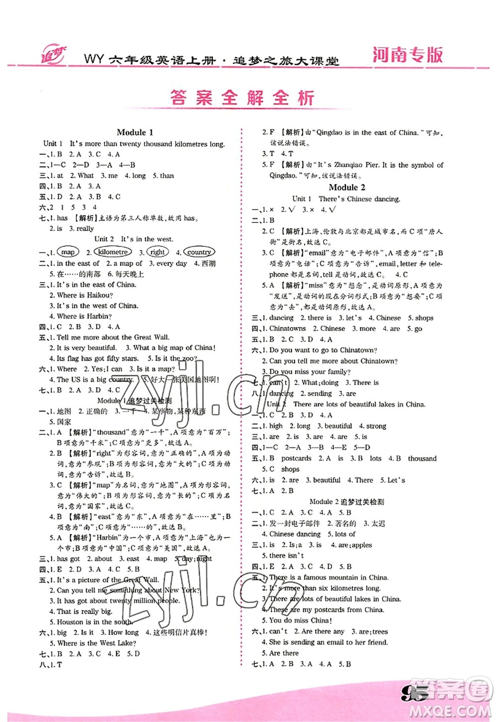 天津科學技術(shù)出版社2022追夢之旅大課堂六年級英語上冊WY外研版河南專版答案