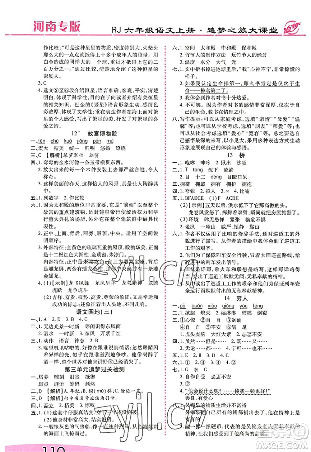 天津科學(xué)技術(shù)出版社2022追夢(mèng)之旅大課堂六年級(jí)語文上冊(cè)RJ人教版河南專版答案