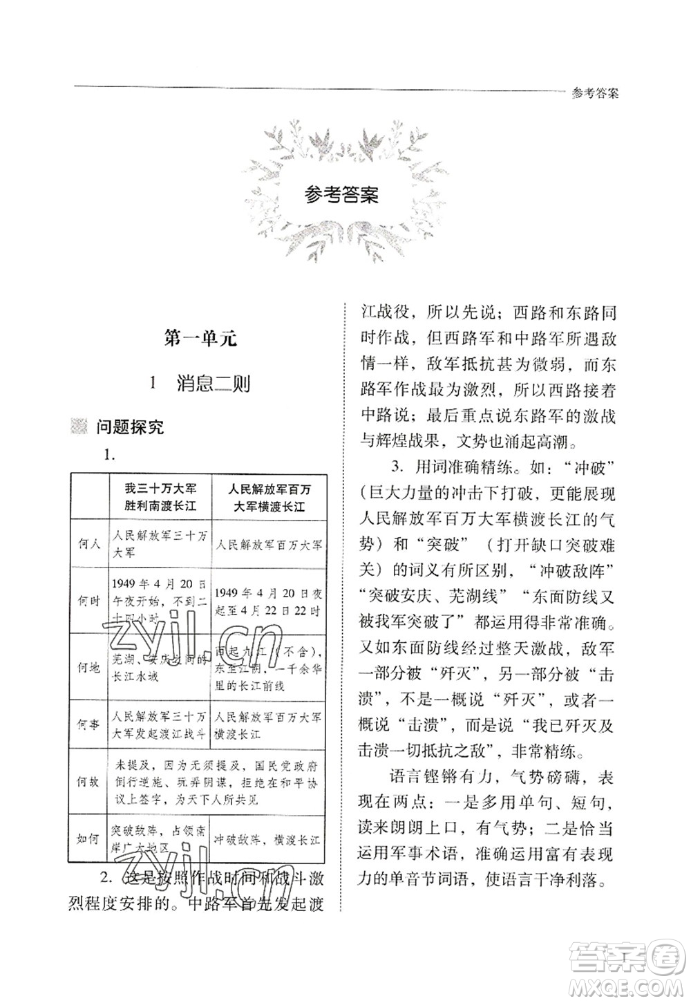 山西教育出版社2022新課程問題解決導(dǎo)學(xué)方案八年級(jí)語文上冊(cè)人教版答案