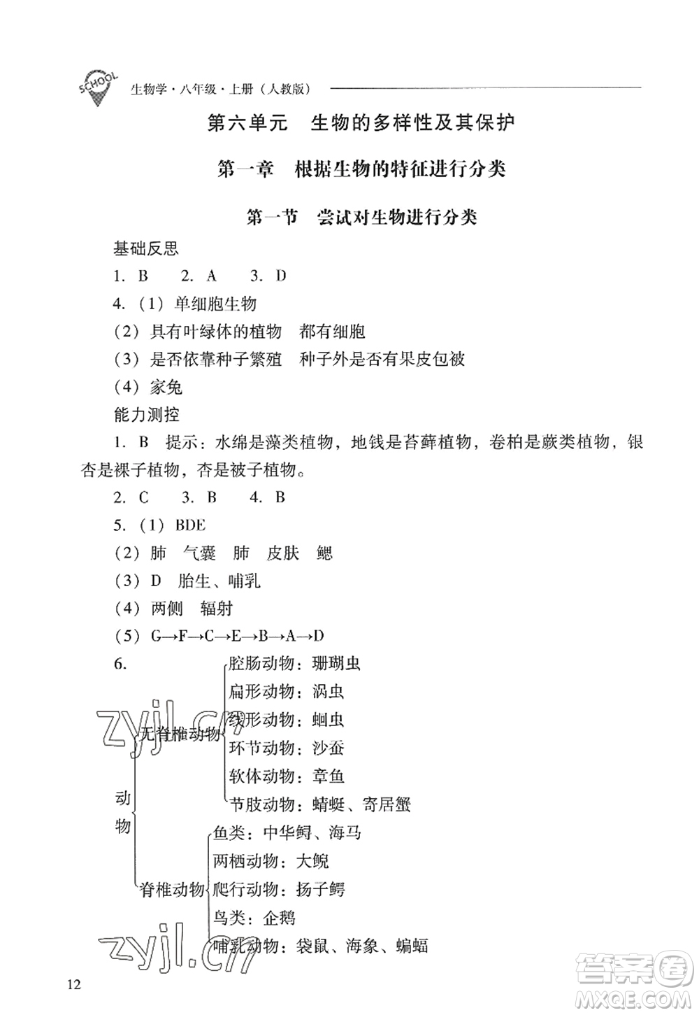 山西教育出版社2022新課程問題解決導(dǎo)學(xué)方案八年級(jí)生物上冊(cè)人教版答案