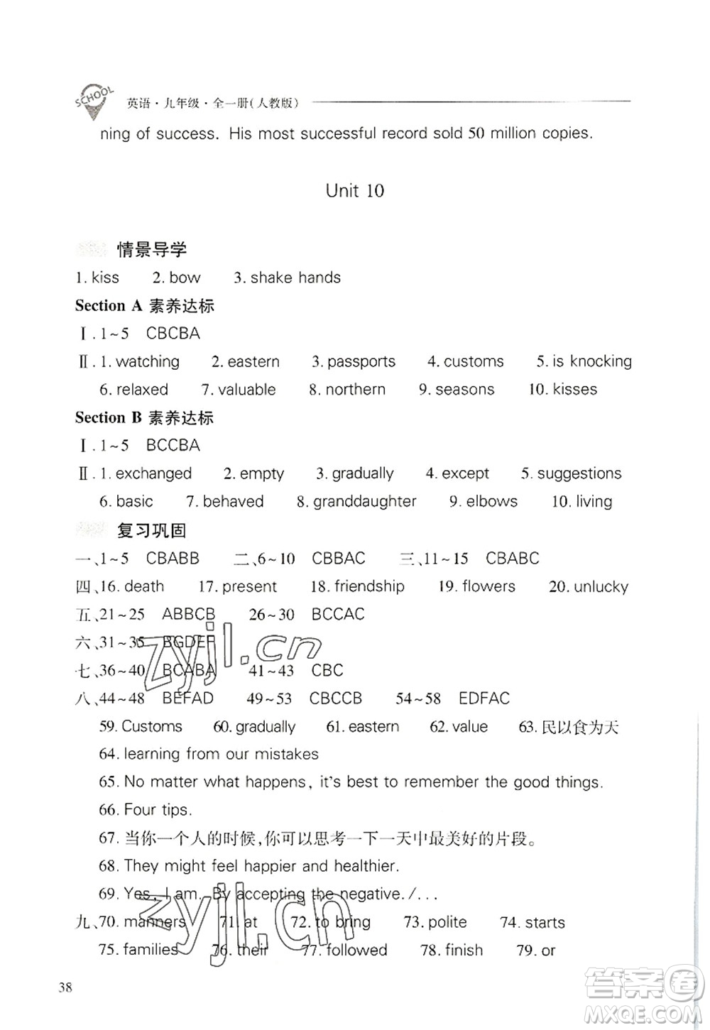 山西教育出版社2022新課程問題解決導學方案九年級英語全一冊人教版答案