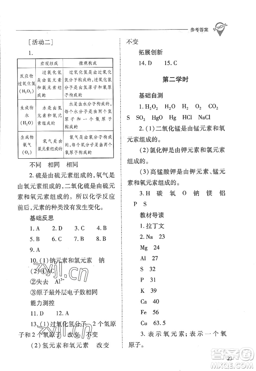 山西教育出版社2022新課程問題解決導(dǎo)學(xué)方案九年級化學(xué)上冊人教版答案