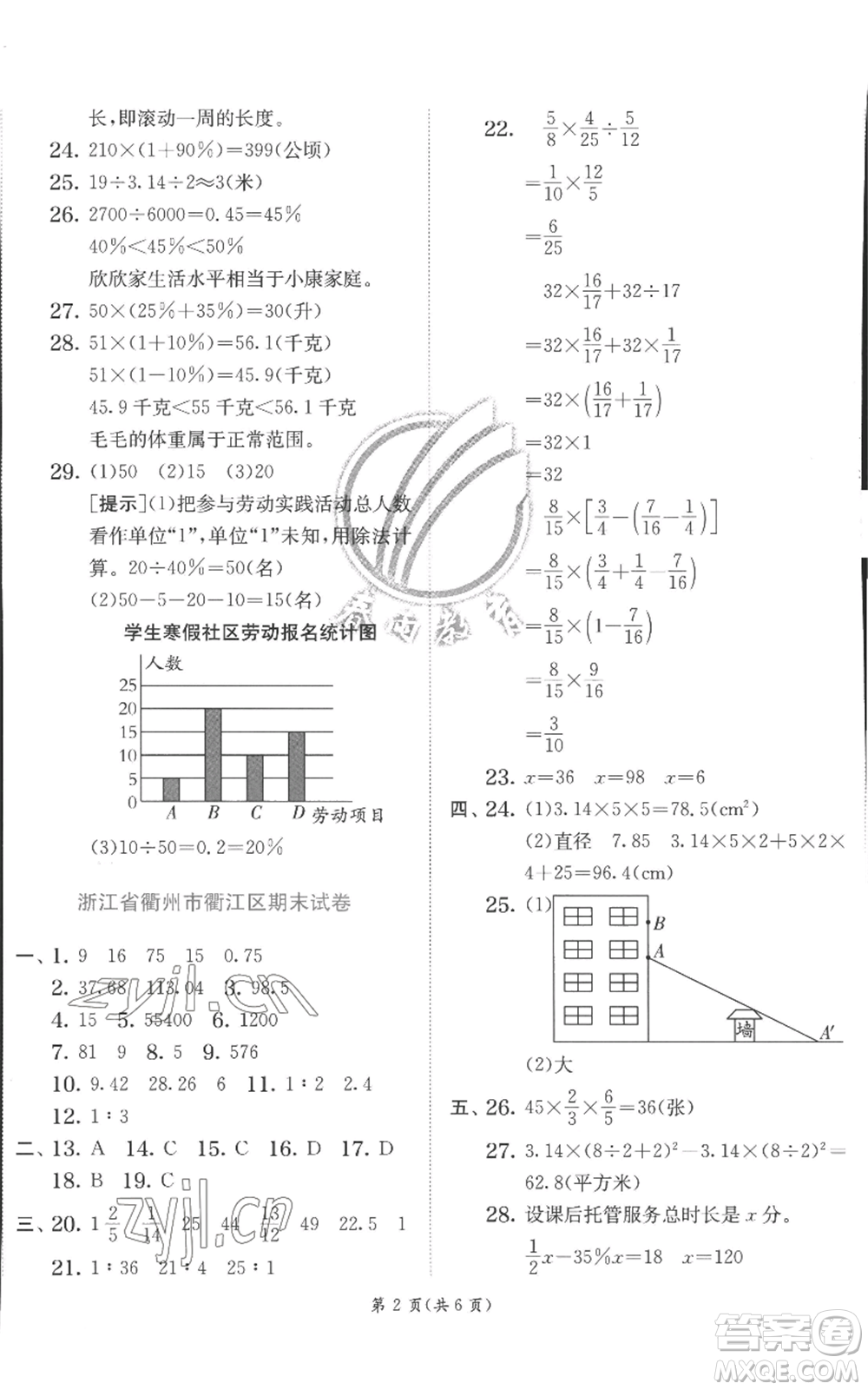 江蘇人民出版社2022秋季實驗班提優(yōu)訓(xùn)練六年級上冊數(shù)學(xué)北師大版參考答案