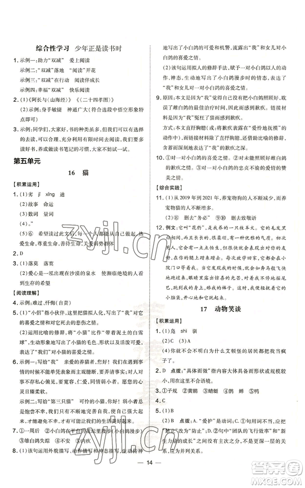 安徽教育出版社2022秋季點(diǎn)撥訓(xùn)練七年級上冊語文人教版安徽專版參考答案