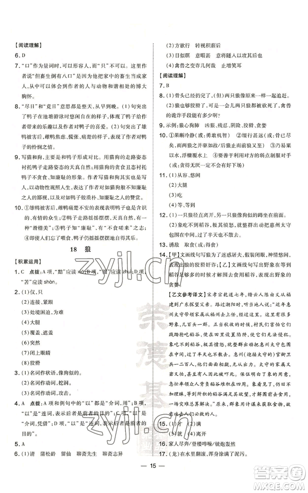 安徽教育出版社2022秋季點(diǎn)撥訓(xùn)練七年級上冊語文人教版安徽專版參考答案