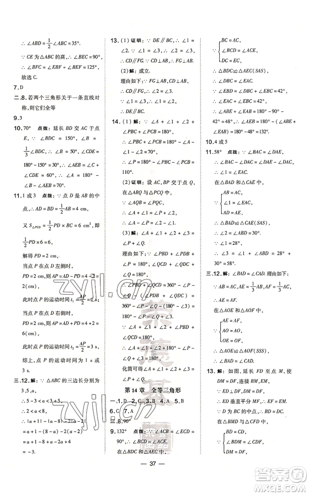 山西教育出版社2022秋季點(diǎn)撥訓(xùn)練八年級(jí)上冊(cè)數(shù)學(xué)滬科版安徽專(zhuān)用參考答案