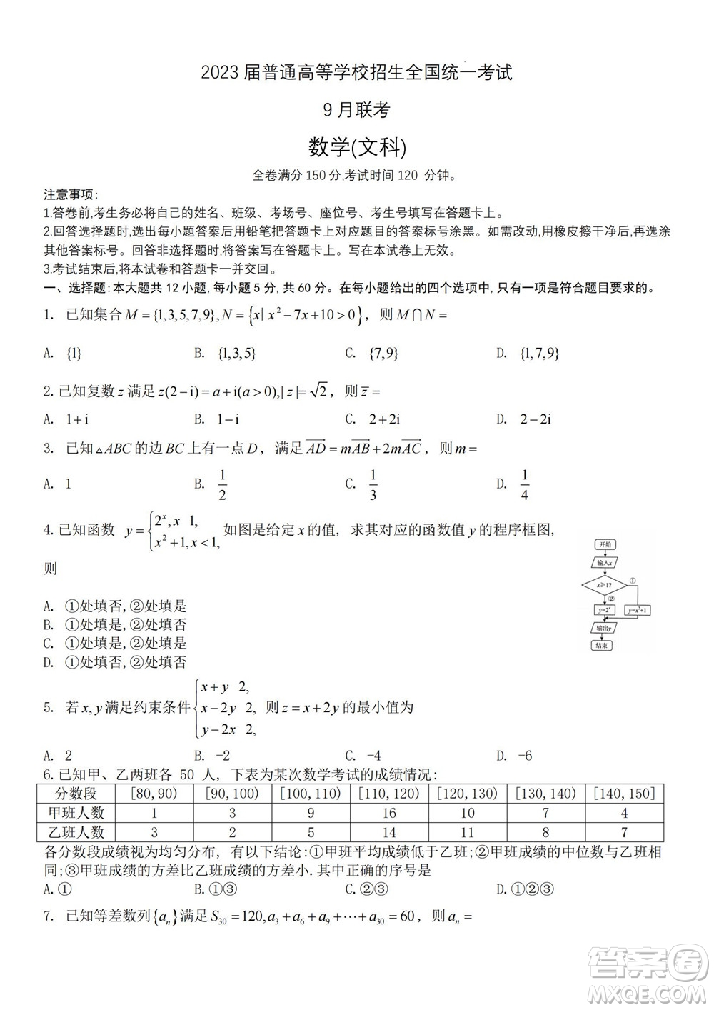 2023屆普通高等學校招生全國統(tǒng)一考試青桐鳴9月聯(lián)考文科數(shù)學試題及答案