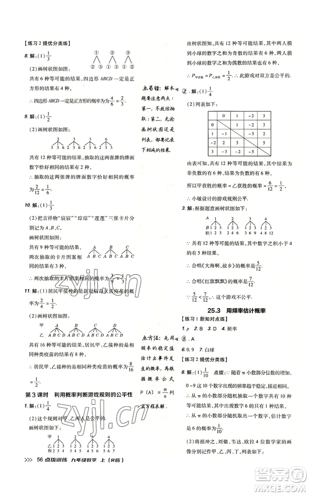 吉林教育出版社2022秋季點撥訓練九年級上冊數(shù)學人教版參考答案