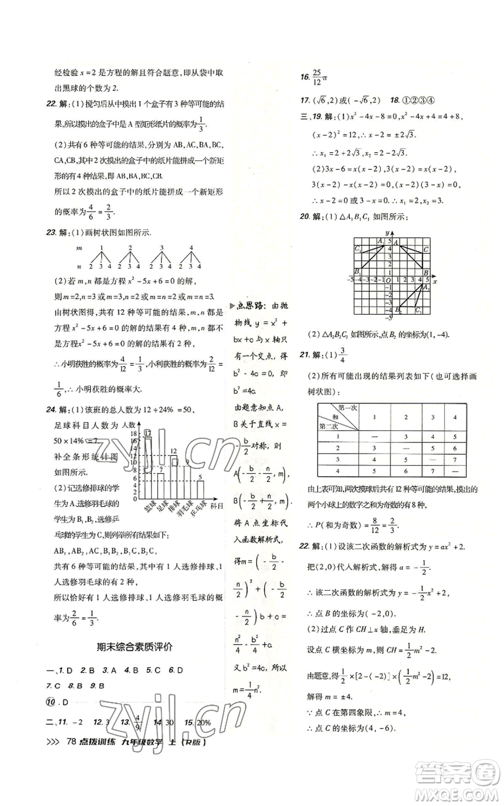 吉林教育出版社2022秋季點撥訓練九年級上冊數(shù)學人教版參考答案