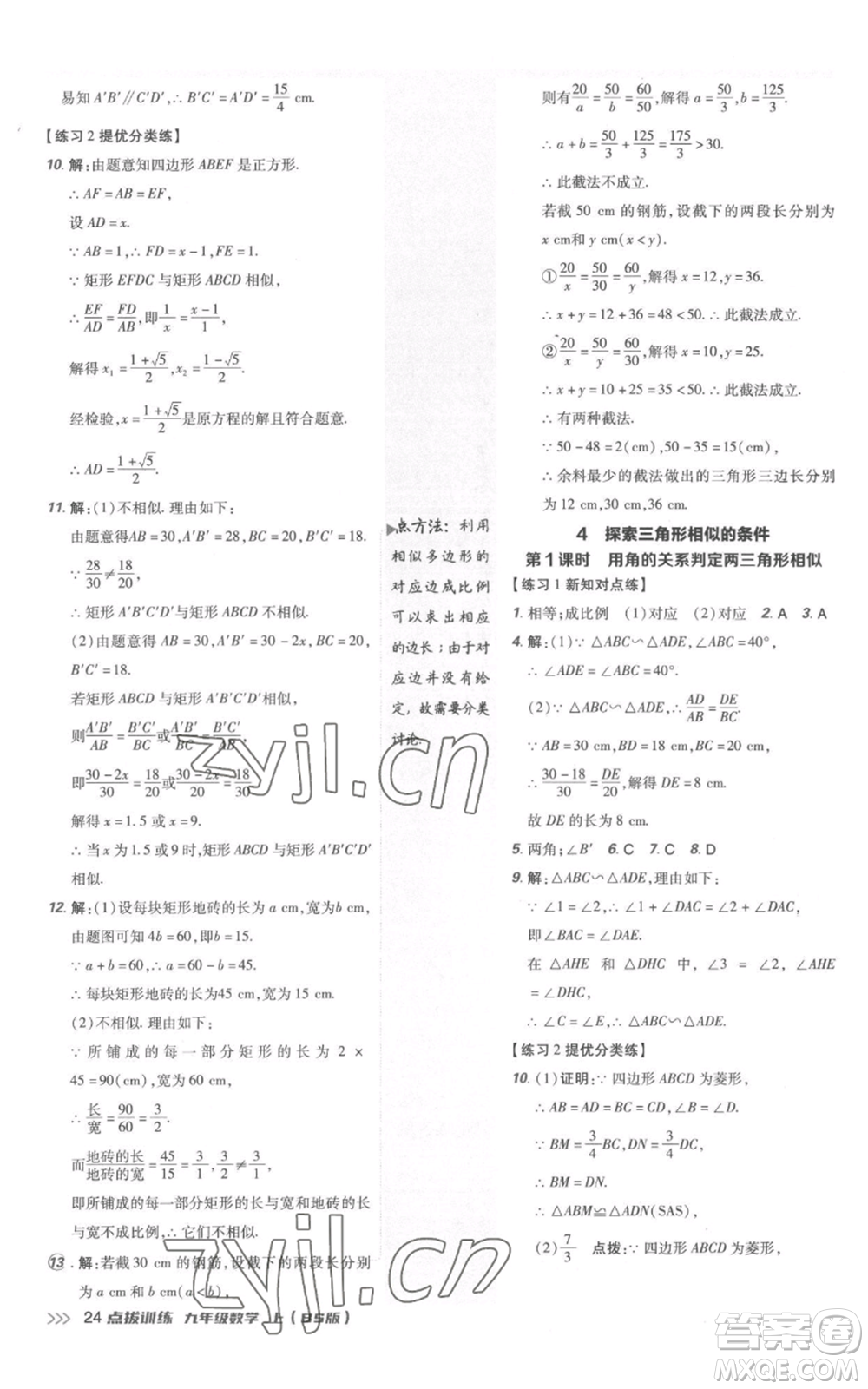 安徽教育出版社2022秋季點撥訓練九年級上冊數(shù)學北師大版參考答案