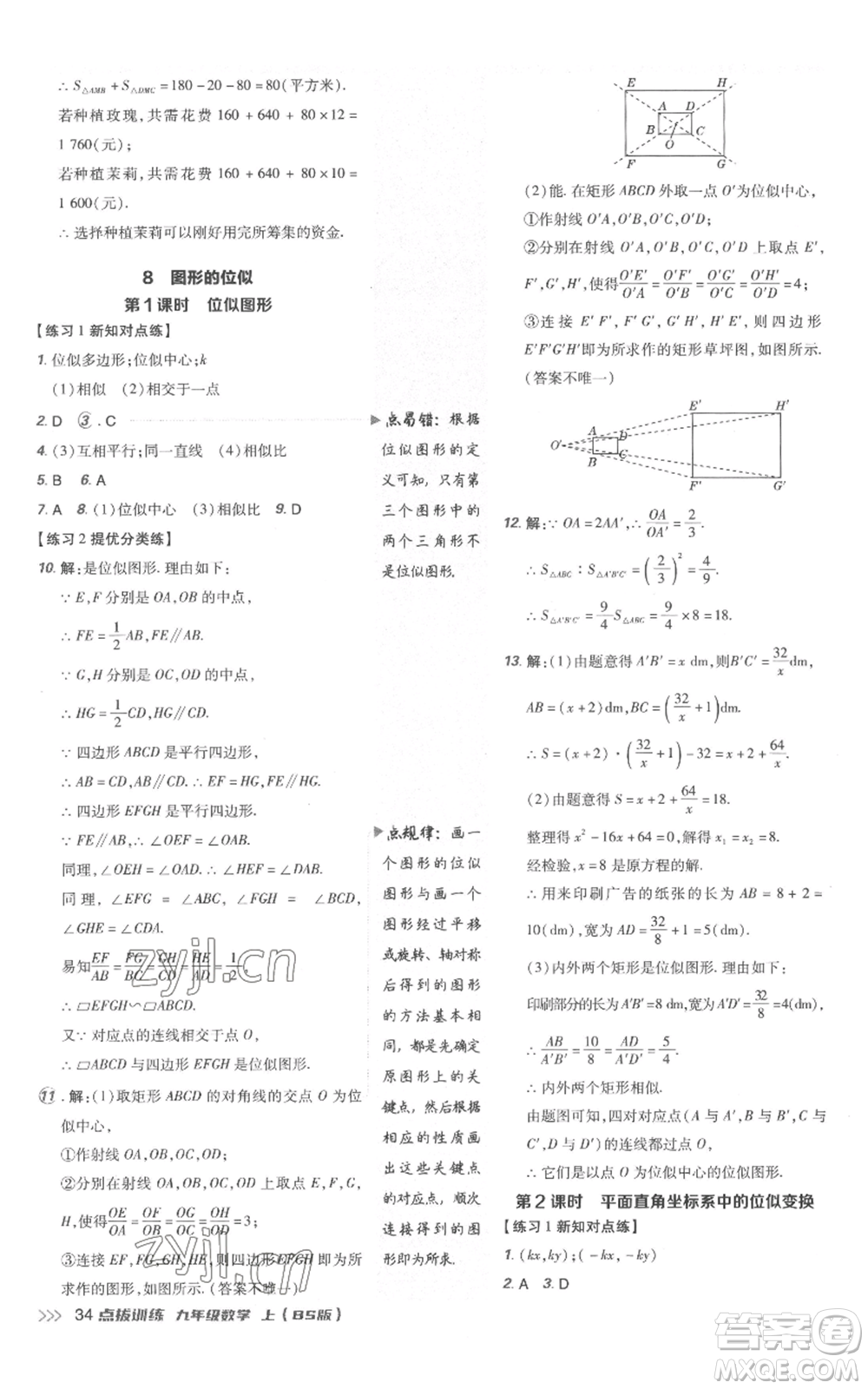 安徽教育出版社2022秋季點撥訓練九年級上冊數(shù)學北師大版參考答案