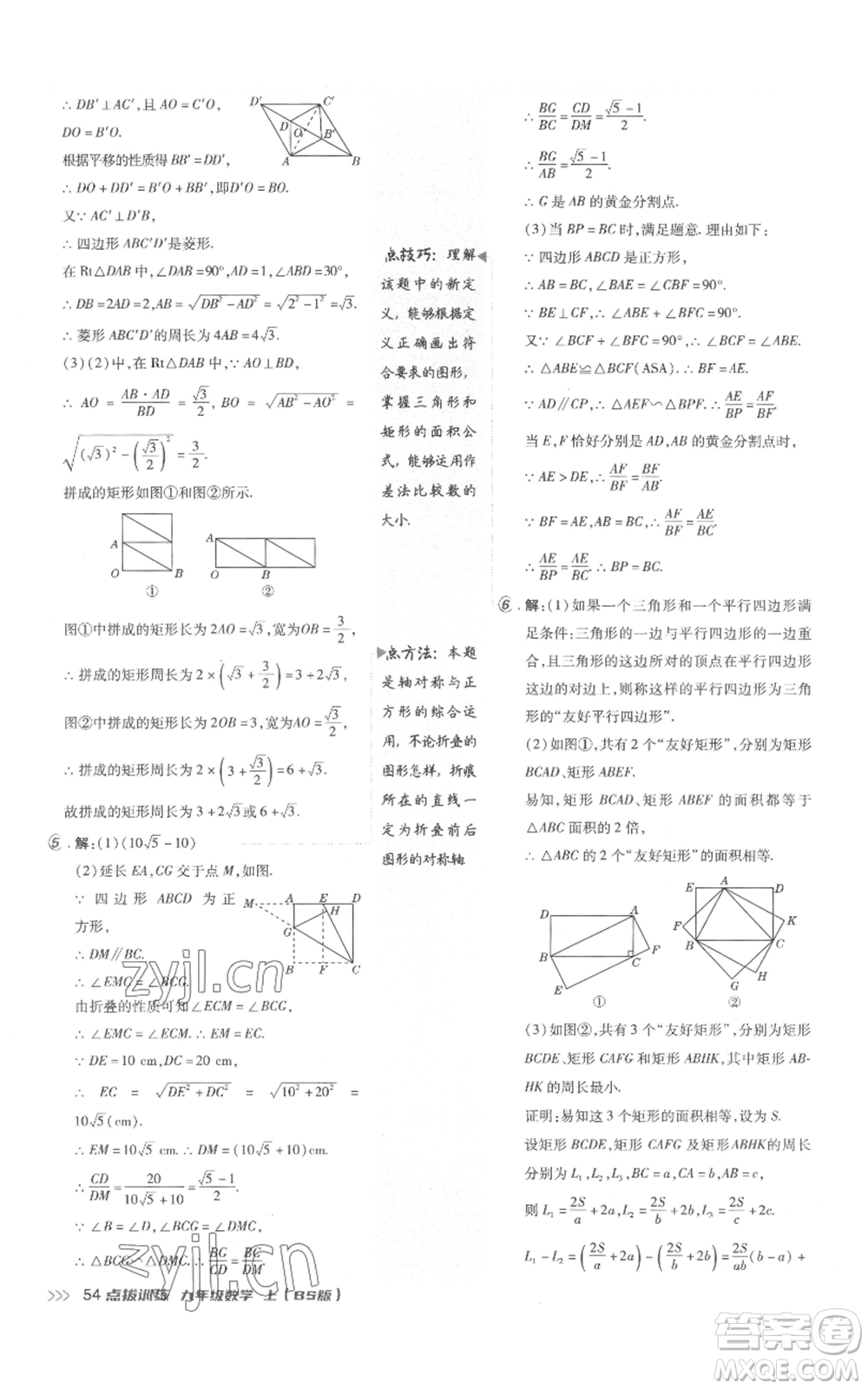 安徽教育出版社2022秋季點撥訓練九年級上冊數(shù)學北師大版參考答案